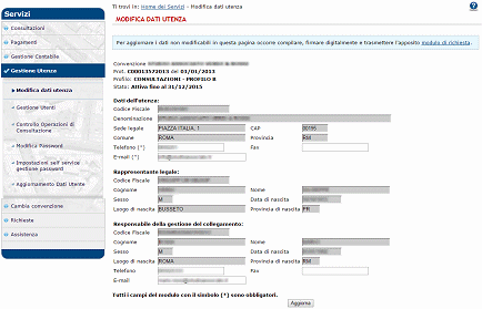 Pagina di ingresso alla Modifica dati utenza per società/enti