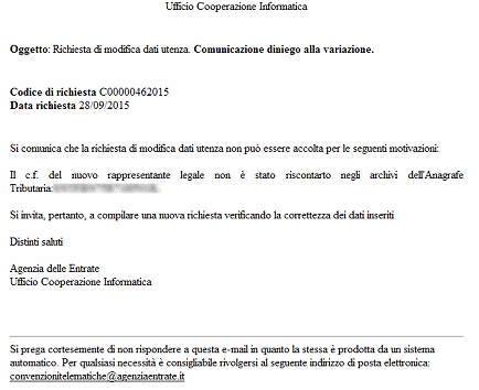 Esito della richiesta - Comunicazione diniego alla richiesta