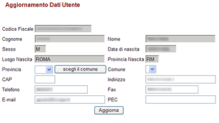 Schermata dell'aggiornamento dati utente