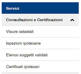 Schermata nella quale si visualizza la voce di menu Certificati ipotecari 