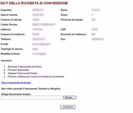 Conferma richiesta di convenzione Persona Fisica