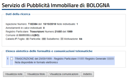 Elenco delle formalità da Ispezione per Nota