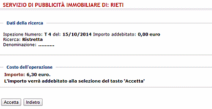 Schermata relativa al costo dell'operazione per la ricerca dell'elenco omonimi per persona giuridica