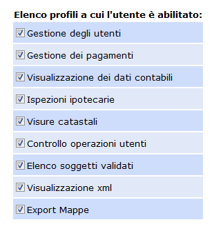 Schermata nella quale si visualizza l'elenco dei profili a cui un utente è abilitato 