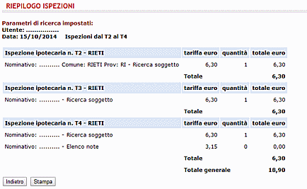 Schermata nella quale impostare i dati per la consultazione del riepilogo delle ispezioni effettuate presso i Reparti di Pubblicità Immobiliare.