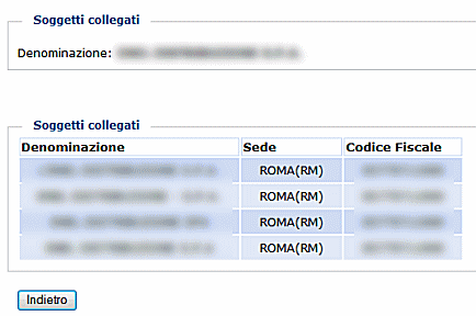 Schermata nella quale viene fornita la lista dei soggetti con dati anagrafici collegati