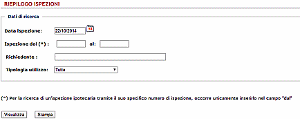 Schermo in cui impostare i dati per la consultazione del riepilogo delle ispezioni effettuate presso i Reparti di Pubblicità Immobiliare.