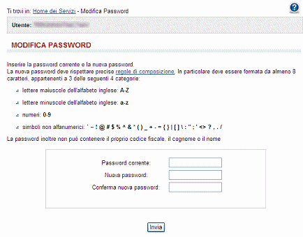 Schermo per la modifica password