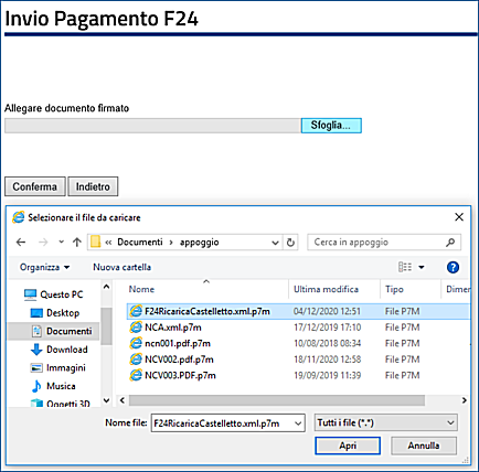 Schermo e popup per ricercare il file p7m (firmato digitalmente) sulla propria postazione di lavoro