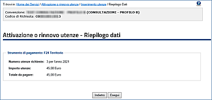 Pagamento una tantum e password di accesso Riepilogo dati 