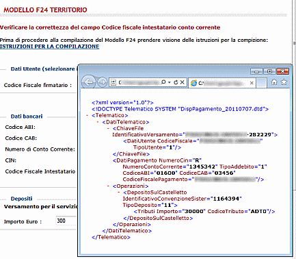 Schermo in cui viene selezionato l'XML prodotto del modello F24 