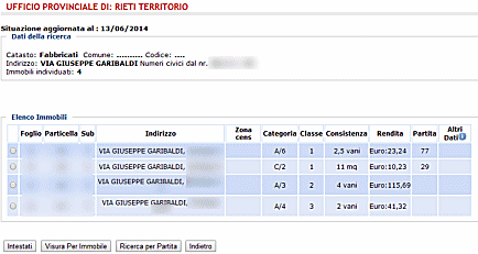 Schermata con l'elenco degli immobili reperiti dal sistema sulla base dei criteri di ricerca impostati 