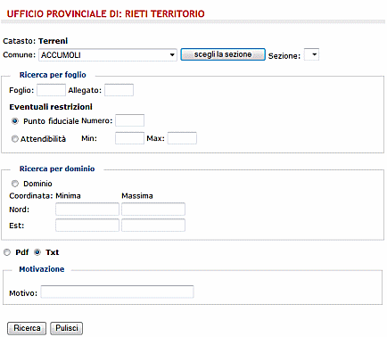 Schermata in cui inserire i criteri per ricercare i Punti Fiduciali presenti sui fogli di mappa del comune selezionato