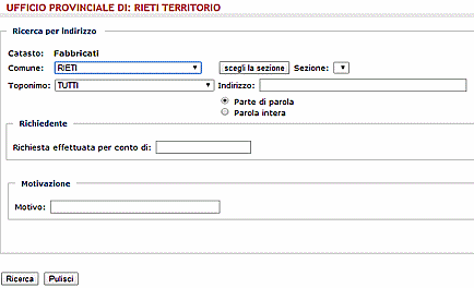 Schermo con la lista dei possibili indirizzi da selezionare per la ricerca di Visure per Indirizzo 