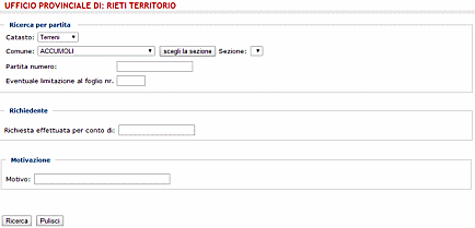 Schermo nel quale impostare i criteri per la ricerca di Visure per Partita 